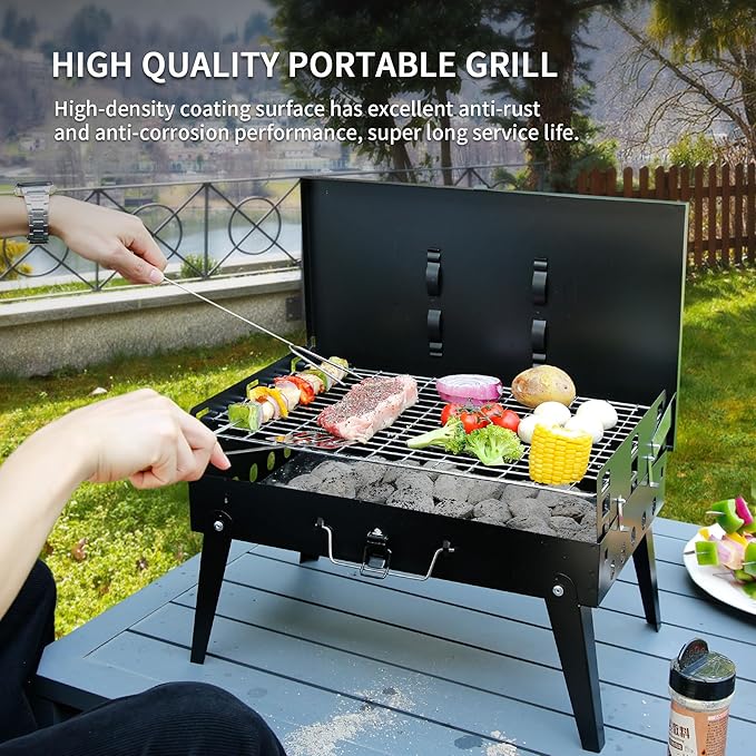 MASTER COOK Portable Charcoal Grill, Foldable BBQ Grill Kit Easy to Carry, Mini Tabletop Grill for Outdoor Camping, Patio and Picnic, 17.1”*10.8”*2.5”