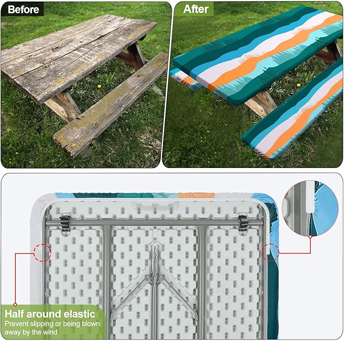 Picnic Table Cover with Bench Covers Camping Essentials Waterproof Windproof Camping Tablecloth with Drawstring Bag, Fitted Rectangle Tables and Seats, 72in, Orange Blue