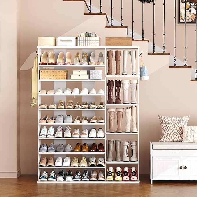 HOMEFORT 10 Tiers Shoe Rack, 50 Pairs Large Shoe Shelf, 61.8" Tall Shoe Tower, Freestanding Shoe Rack Organizer with Open Shelves, Wood Shoe Stand for Boot Storage, for Closet, Entryway, White
