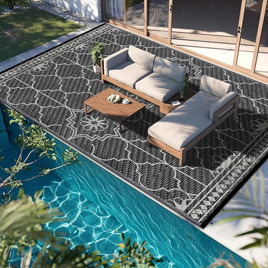 Outdoor Rug 10x14Ft, Waterproof Outdoor Patio Rug for House Deck Reversible Plastic Straw Mat for RV Camping Picnic Beach Balcony (Black Gray)