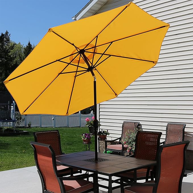 Sunnydaze Outdoor Patio Umbrella - Polyester Table Market Umbrella with Push-Button Tilt and Crank - 8 Sturdy Ribs - Gold - 9ft