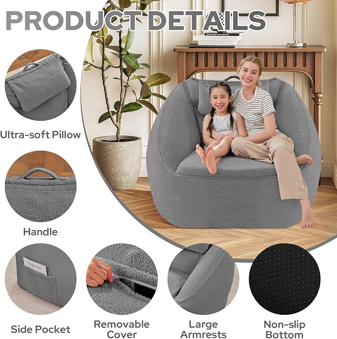 HABUTWAY Inflatable Bean Bag Chairs for Adult Blow up Chair Portable Inflatable Bean Bag Couch w/Electric Air Pump,Handle & Side Pocket for Movie Night Reading Gaming Living Room - Light Grey