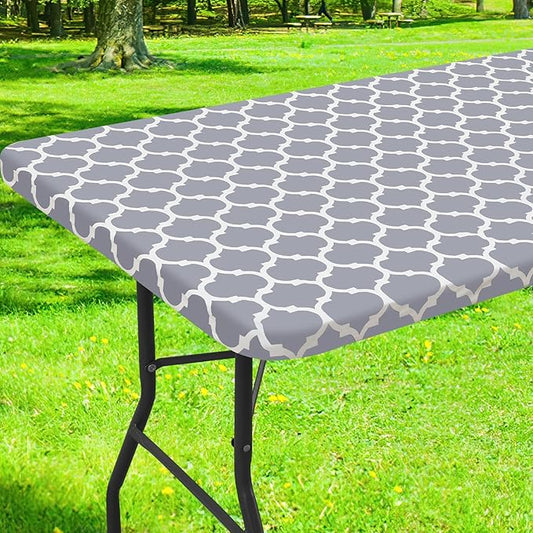 Smiry Rectangle Picnic Table Cover, Waterproof Elastic Fitted Camping Tablecloths for 5 Foot Tables, Wipeable Flannel Backed Vinyl Tablecloth Protector for Indoor, Outdoor (Grey, 36x60 Inches)