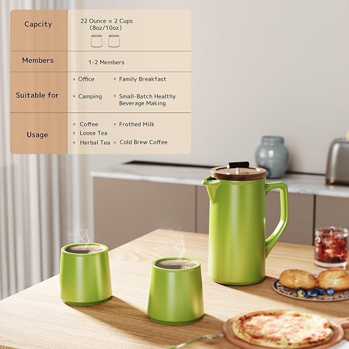 DHPO Ceramic French Press Coffee Maker, 22 Ounce Coffee Press Manual Brewer with Walnut Wood Lid, Premium Food Grade Stainless Steel Filter with Dual Screen for Coffee and Loose Tea, Gift Box, Green