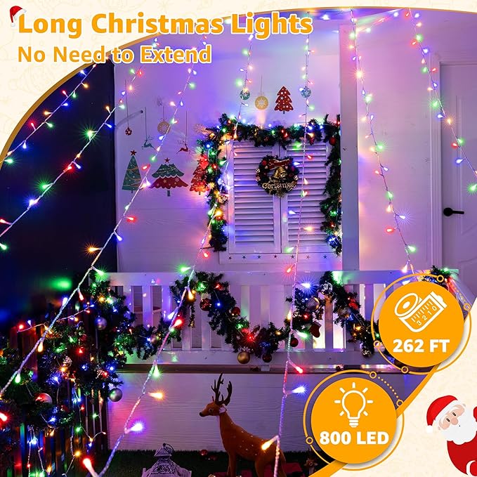 Ollny Christmas Lights Outdoor 800LED 262FT, Multicolor Plug in Fairy Light with Remote, 8 Modes Waterproof Timers Dimmable LED String Lights for Indoor House Outside Bedroom Patio Balcony