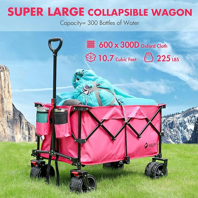 VILLEY Collapsible Folding Wagon with Big Wheels, Enlarged 225lbs Capacity, All Terrain Wagons Carts Heavy Duty Foldable, Portable Utility Garden Cart with 2 Cup Holders and Brake, Pink
