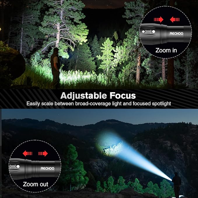 RECHOO LED Flashlight 2 Pack, Tactical Flashlights High Lumens with 3 Modes, Pocket Small Flash Light, Waterproof Zoomable Flashlights for Home Emergency, Camping Essentials (Battery Included)