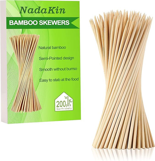 200 PCS Bamboo Skewers, 10 Inch Wooden Skewer for Appetizers, Fruit, Kebabs, Grilling Barbecue, Mini Burger, Sausage, Cocktail Picks for Drinks, Long Toothpicks, Food Sticks Natural, Kitchen Gadget