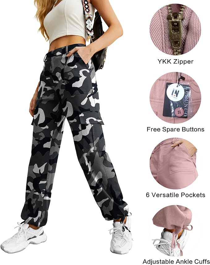 Lepunuo Women's High Waisted Cargo Pants Travel Y2K Streetwear Baggy Stretchy Pants with 6 Pockets Drawstring Ankle Cuffs