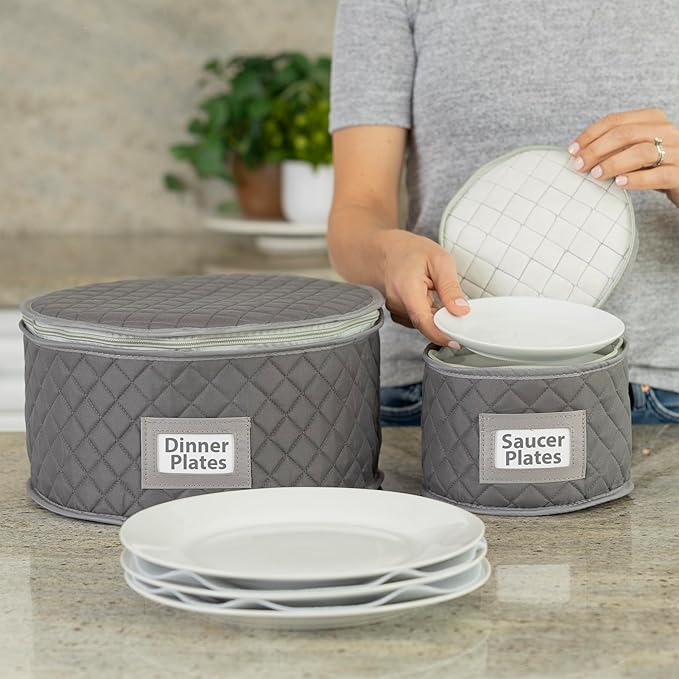 China Storage Case - Saucer or Small Plate Quilted Case - 7" diameter x 6" height - Gray - Includes 12 Felt Separators -Stackable With Padded Interior - Great for Appetizer Plates
