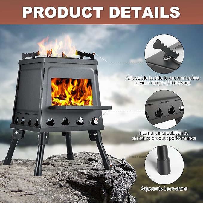 Wood Burning Stove, Camping Wood Stove, Small Portable Cast Iron Wood Stove: Compact Outdoor Cooking Solution with Carrying Bag (Lager)