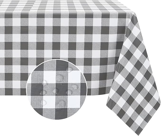 Romanstile Square Vinyl PVC Tablecloth, 100% Waterproof Buffalo Plaid Plastic Table Cloth, Oil Proof Heavy Duty Wipeable Table Covers for Dining/Camping/Picnic/Outdoor - 60 x 60, Grey and White