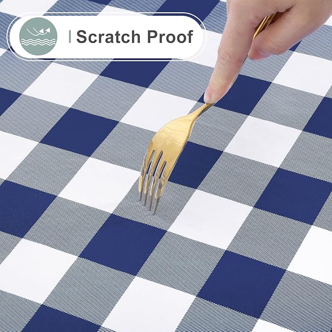 misaya Rectangle Waterproof Vinyl Table Cloth, Buffalo Flannel Backed Tablecloth, Wipeable Plastic Table Cover for Dinner, Kitchen, Outdoor (60" x 144", White and Navy)