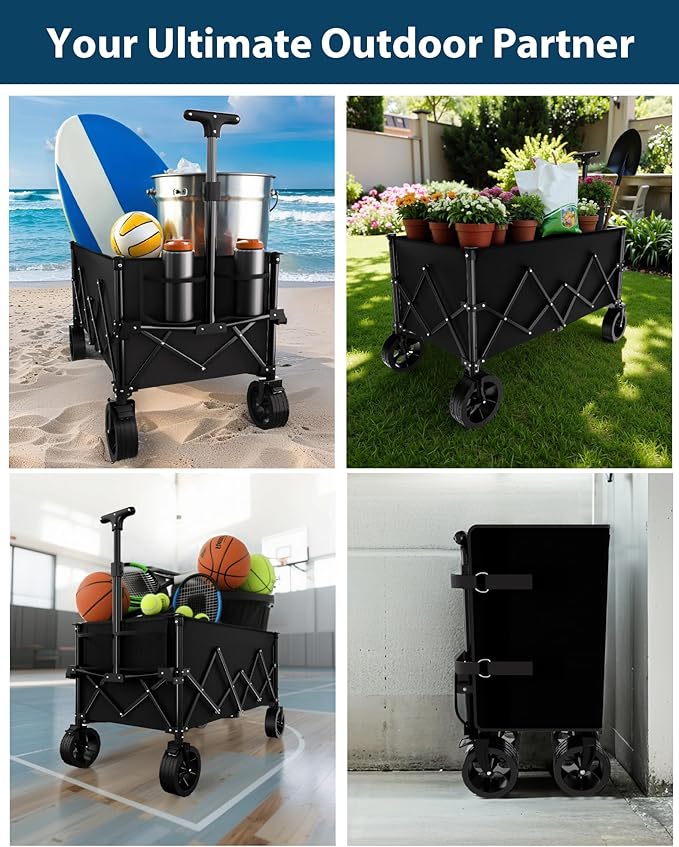7.8 cu ft Extra Large Wagons Carts Foldable with 360lbs Weight Capacity Heavy Duty Beach Wagon with Big Wheels for Sand All Terrain Collapsible Folding Utility for Camping, Garden, Sports, Shopping