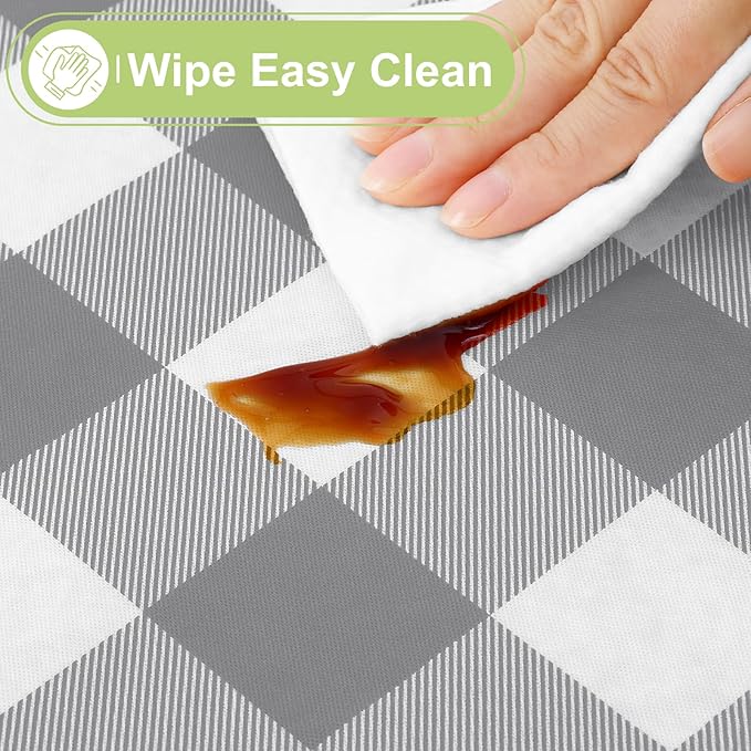 Smiry Rectangle Table Cloth, Waterproof Vinyl Tablecloth with Flannel Backing, Wipeable Buffalo Plaid Table Cover for Dining, Indoor and Outdoor (Grey & White, 52"x70")