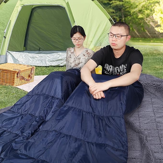 REDCAMP Cotton Double Sleeping Bag for Adults, 2 Person Cold Weather Queen Size Flannel Sleeping Bags for Camping, Black/Navy Blue