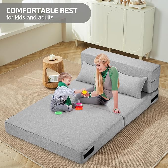Folding Sofa Bed with Pillows- Convertible Chair Floor Couch & Sleeping Mattress, Foldable Memory Foam Sleeper for Living Room/Dorm/Guest Room/Home Office/Apartment/Loft, Twin, Light Gray