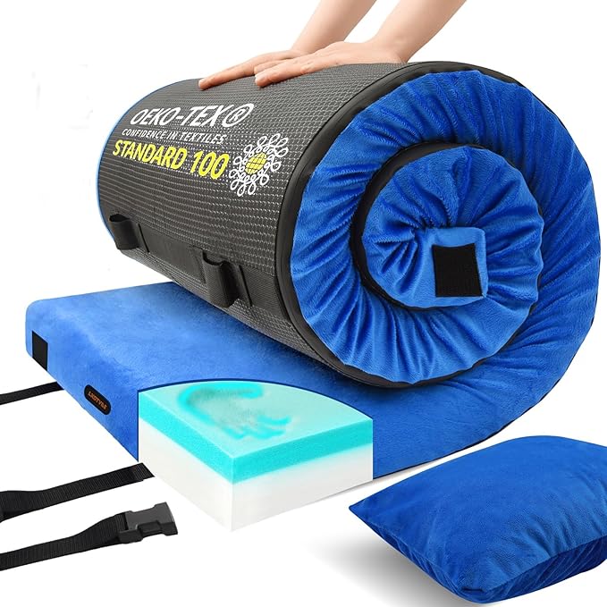 Memory Foam Camping Mattress pad, Comfortable Thick Floor Sleeping Mat for Adults with Waterproof and Non-Slip Bottom, Portable Roll Up Mattress for Sleepover Guest,Cot Mad for Car Camping