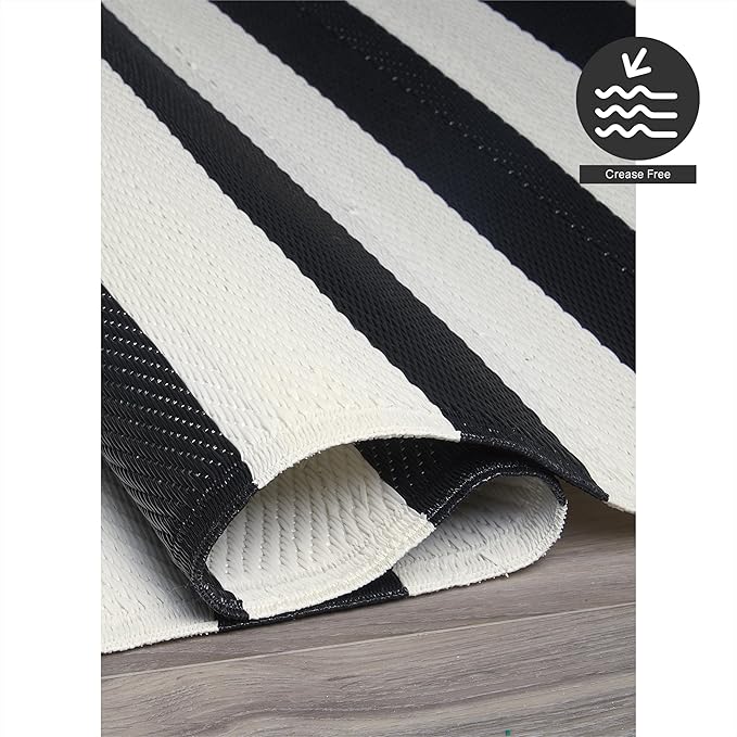 FH Home Outdoor Camping Rug - Waterproof, Fade Resistant, Reversible - Premium Recycled Plastic - Striped - Large Patio, Deck, Sunroom, RV - Brittany Stripe - Black & White - 9 x 18 ft Foldable