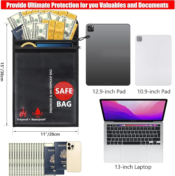 Fireproof Document Bag (2000℉) Upgraded 2 Pockets, GEMEK 15”x 11” Fireproof and Waterproof Money Bag Fireproof Safe Storage for Money, Documents, Jewelry and Passport (Black - 2 Zipper)