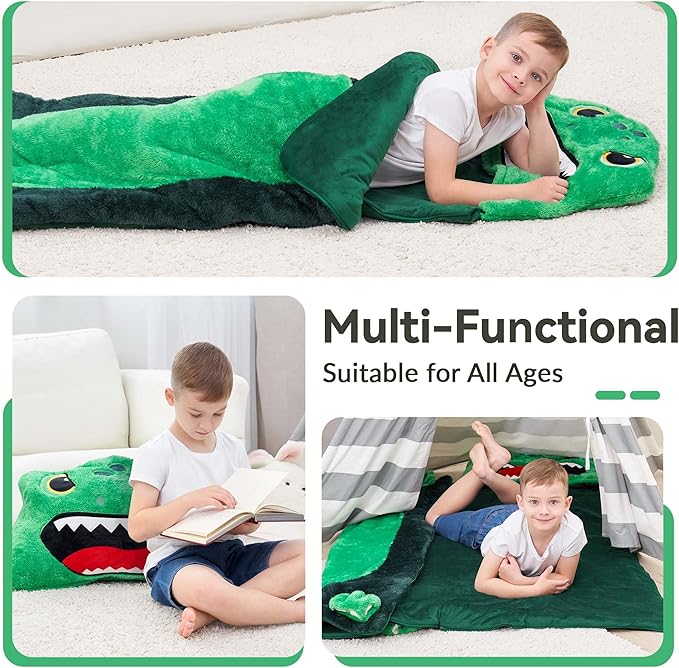 iPlay, iLearn Kids Dinosaur Sleeping Bag, Toddler Boy Dino Nap Mat, Plush Animal Slumber Bag 2 In 1 Pillow Daycare Preschool Kindergarten Birthday Gift Travel Sleepover 3 4 5 6 7 8 10 12 Yr Child Teen
