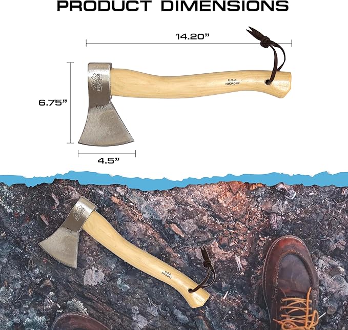 Prandi Axes German Style C45 Forged Carbon Steel Hatchet - Hickory Handle with Leather String - Lightweight Axe for Camping, Chopping, and Cutting - S/N 3.003.06.CH - 14.17" L x 5.90" W, No Sheath
