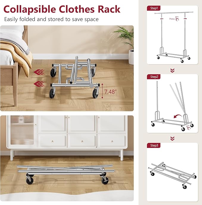 Tajsoon Heavy Duty Clothes Rack Foldable Garment Rack with Wheels and Extendable Rod, Freestanding Clothing Rack for Hanging Clothes, Adjustable ＆ Collapsible Rolling Racks with Bottom Shelf, Chrome
