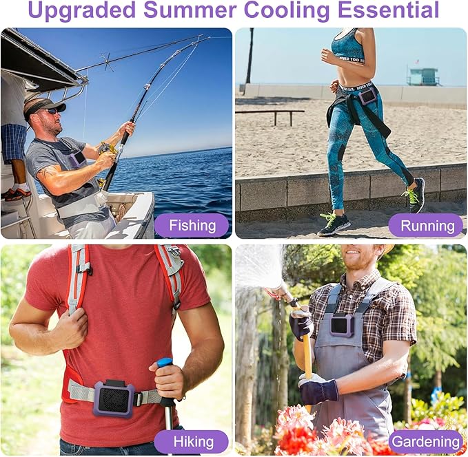 Portable Waist Fan, Personal Clip on Fan Rechargeable Hands-Free Hanging Neck/Desk Fans with 3-Speed Settings & LED Light, Small Wearable Cooling Belt Shirt Fans for Camping Travel Outdoors