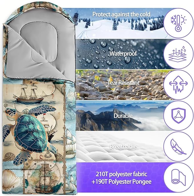 Sleeping Bags for Adults and Kids，3D Printing Camping Sleeping Bag for Girls Boys Lightweight Waterproof Cold/Warm 3-Season，Outdoor Travel with Compression Bags