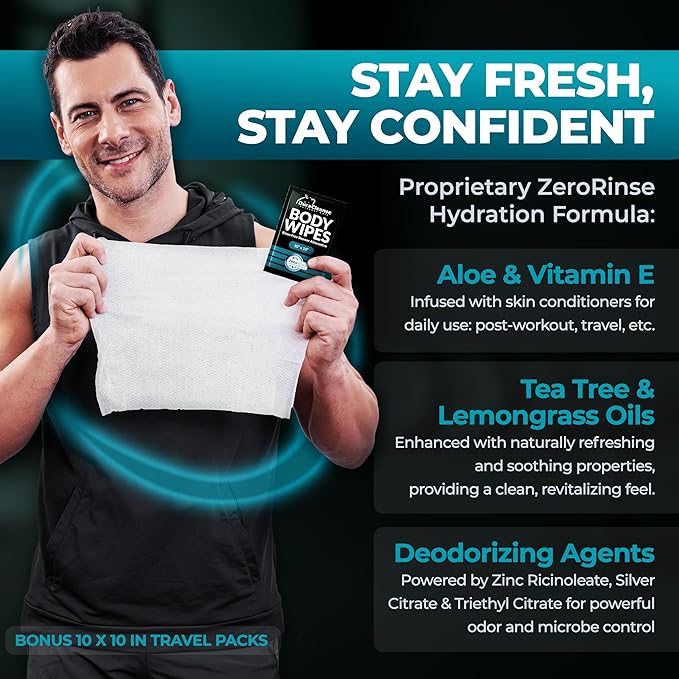 Body Wipes for Men (2pk) - 100 XL No Rinse Shower Sheets + 8 Travel Bath Wipes - 9"x12" After Gym Adult Washcloths - Mens Deodorant & Face Towels For Camping Essentials, Survival Gear and Supplies