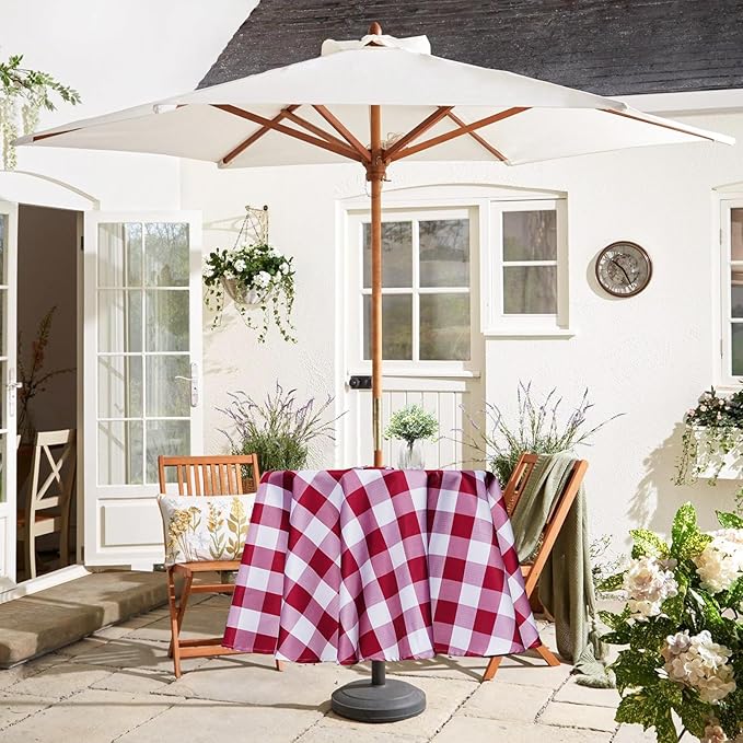 Poise3EHome 60 inches Outdoor/Indoor Waterproof Spillproof Round Tablecloth with Umbrella Hole for Camping, Picnic, Spring, Patio, Party, Burgundy Red Checkered