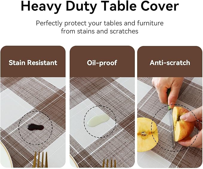 Romanstile Rectangle Plastic Tablecloth, 100% Waterproof Oil-Proof Checkered PVC Table Cloth, Heavy Duty Vinyl Table Cover for Dining, Camping, Picnic, Outdoor - 54 x 108 Inch, Brown Checkered