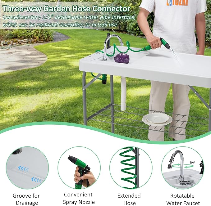 AHB 42" Outdoor Sink Fish Cleaning Table Portable Camping Table with Faucet Hose Hook Up Grid Rack, Fish Fillet Camping Sink Table with 7pc Fish Cleaning Kit for Picnic Beach Patio