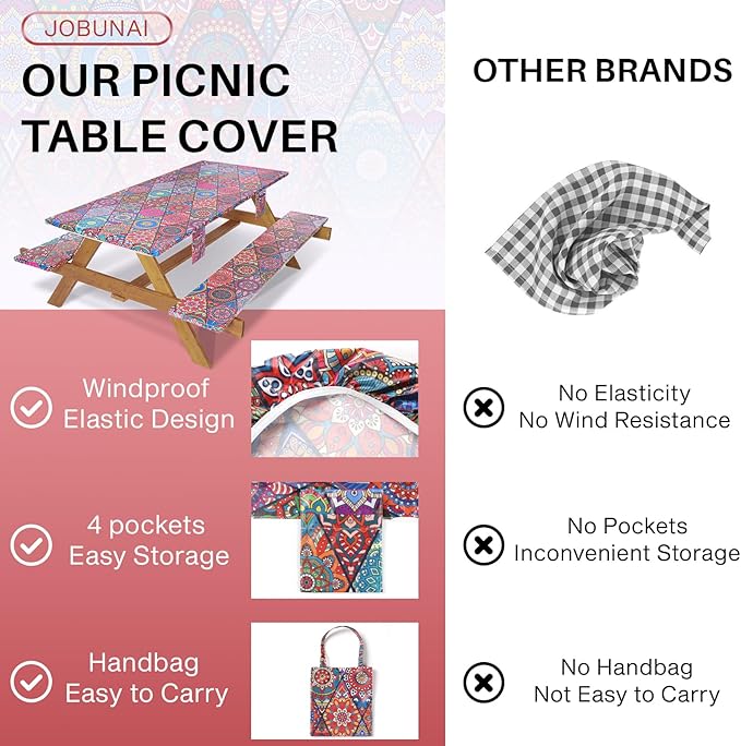 Fitted 8Foot Boho Picnic Table Cover with Chair Covers Camping Table Cloths Hiking Glamping Supplies Travel Trailers Cooking Essential Party Festival Decor Gifts for Teens Who Want Nothing