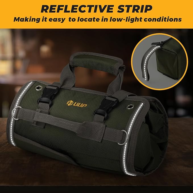 Heavy Duty Tool Bag, Roll Up Tool Organizer for Men Women, Portable Tool Storage Box with 4 Detachable Zipper Pouch, Compact Small Carrier Bag for Electrician Mechanic, Father Day Dad Gift, Green