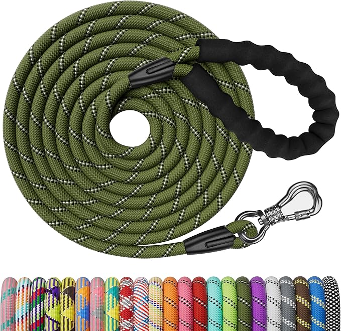 NTR Heavy Duty Dog Leash, 15FT Training Leash with Swivel Lockable Hook, Padded Handle and Highly Reflective Threads, Long Lead for Walking, Hunting, Camping, Backyard for Small Medium Large Dog