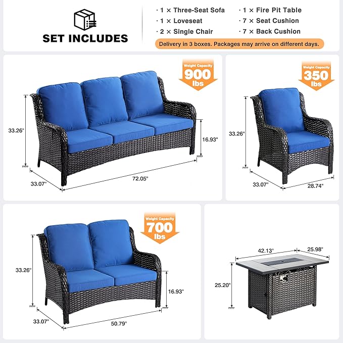 ovios 5 Pieces Patio Furniture Set with 42" Fire Pit Table, Outdoor Wicker Sofa with Loveseat, Comfy Cushions, High Back Couch Conversation Set, Brown Rattan, Navy Blue