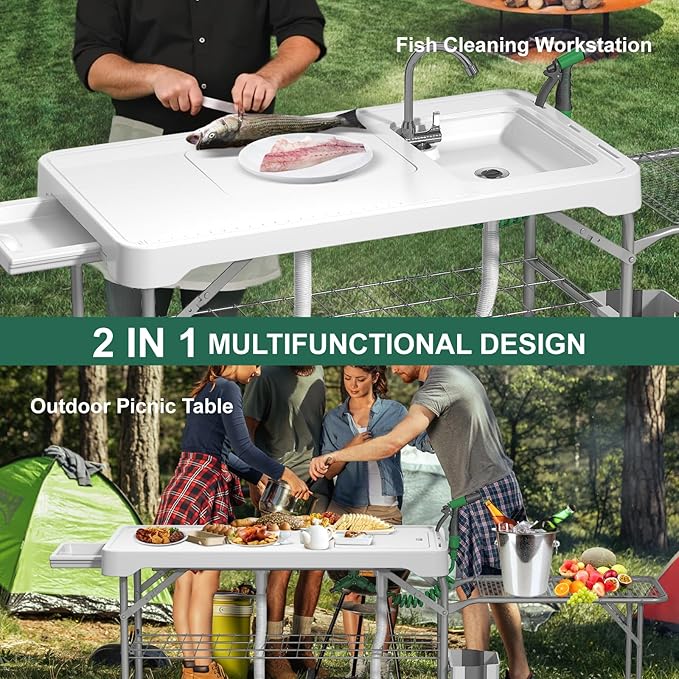 42.5" Fish Cleaning Table with Dual Sink, Portable Folding Camping Table with Foldable Extension Stand, Faucet, Sprayer, Grid Rack, Hose Hook Up & Knife Groove, Outdoor Sink Station for Picnic