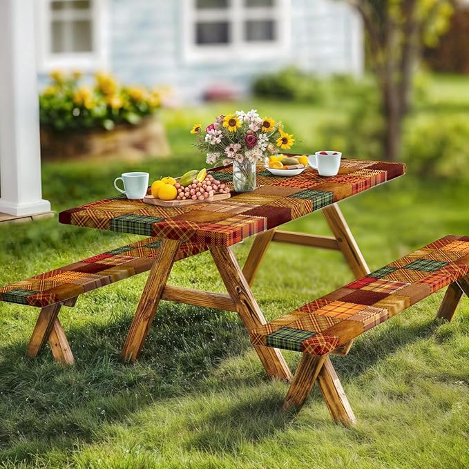 JAWO Picnic Table Covers with Bench Covers Camping Fall Autumn Tablecloth 8FT for 8 Person Fitted Picnic Table Cover with Elastic Windproof Waterproof Fabric, Camping Accessories Patio & Outdoor