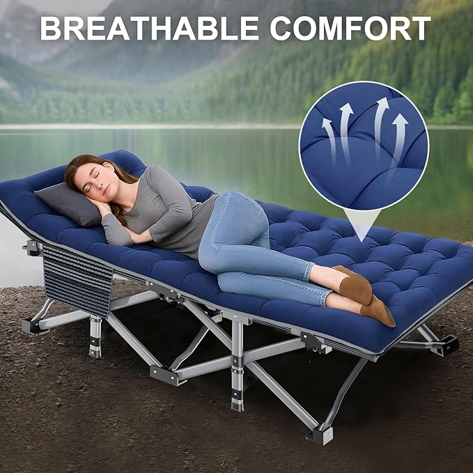 ABORON Folding Camping Cot W/Mat for Adults, Heavy Duty Outdoor Bed with Carry Bag,1200 D Layer Oxford Travel Camp Cots