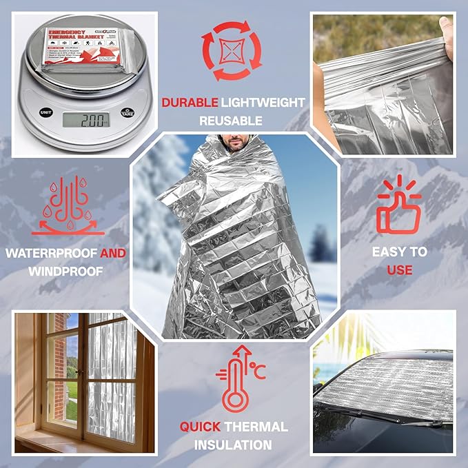 SecuCaptain Survival Emergency Thermal Blankets: 30 Pack Extra Large 84” x63” Space Mylar Blanket Kit for Outdoor Cold Winter Camping Hiking Car Bug Out Bag or First Aid