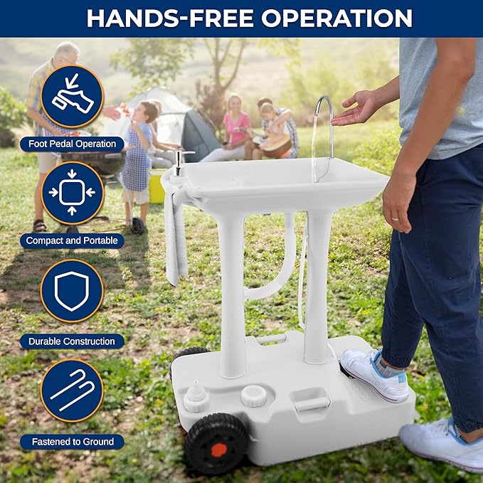 SereneLife Portable Camping Sink with 30L (7+ Gallon) Built-In Water Tank, Large Wheels, Hands-Free Foot Pump, Extra-Large Basin, and 5L Soap Dispenser – Ideal for Outdoors, Camping, and Worksites