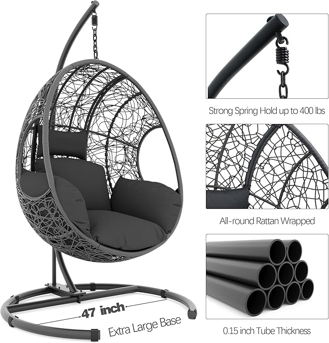 Oversized Hanging Egg Chair Set of 2 Outdoor Indoor, Wicker Swing Egg Chair with Stand 400lbs Capacity for Bedroom, Patio, Garden and Balcony