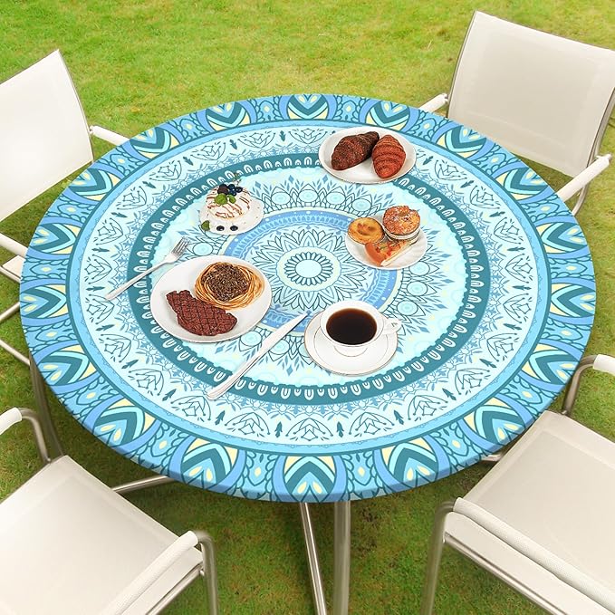 Round Tablecloth Fitted Elastic Table Cover Waterproof Table Cloth for Dinner, Party, Picnic,Camping, Round Table Cover for Indoor Outdoor