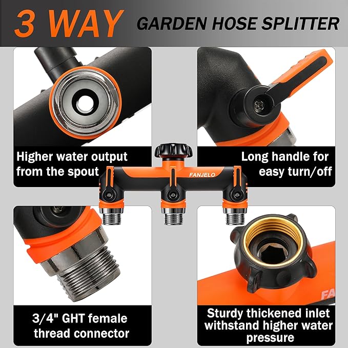 3 Way Hose Splitter, Heavy Duty Garden Water Hose Bib Spigot Splitter, Faucet Splitter with Shutoff Valve, Garden Hoses Connector for T Adapter, 3/4 - Inch GHT Thread (Orange)
