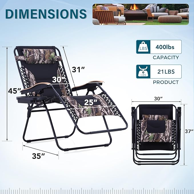 MFSTUDIO Zero Gravity Chairs Set of 2, XL Oversized Outdoor Anti Gravity Chair, Patio Lounge Folding Adjustable Chair with Cup Holder & Padded Headrest, Support 400lbs,Camouflage