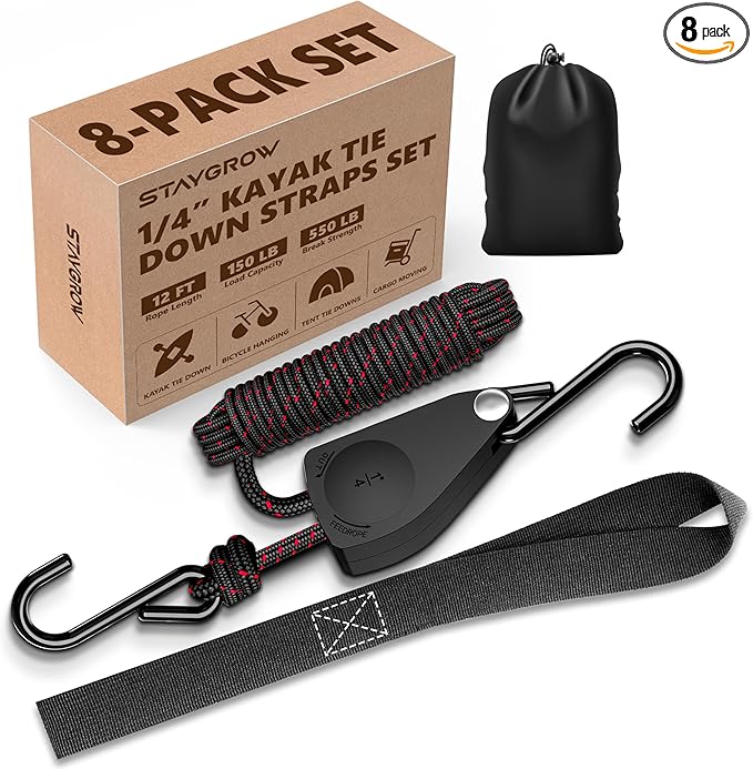 Kayak Straps Tie Downs 8 Pack Set, Roof Rack Straps Adjustable Ratchet Tie Down Straps with Lock S Hooks, 1/4 Inch 12 Feet Ratchet Straps for Small Cargo, Kayak-Soft Loops, Packing, Camping Gear
