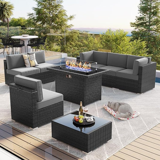 LayinSun 8 Piece Patio Furniture Set with 44" Propane Gas Fire Pit Table, Outdoor Sectional Conversation Set Wicker Rattan Sofa Set with Coffee Table