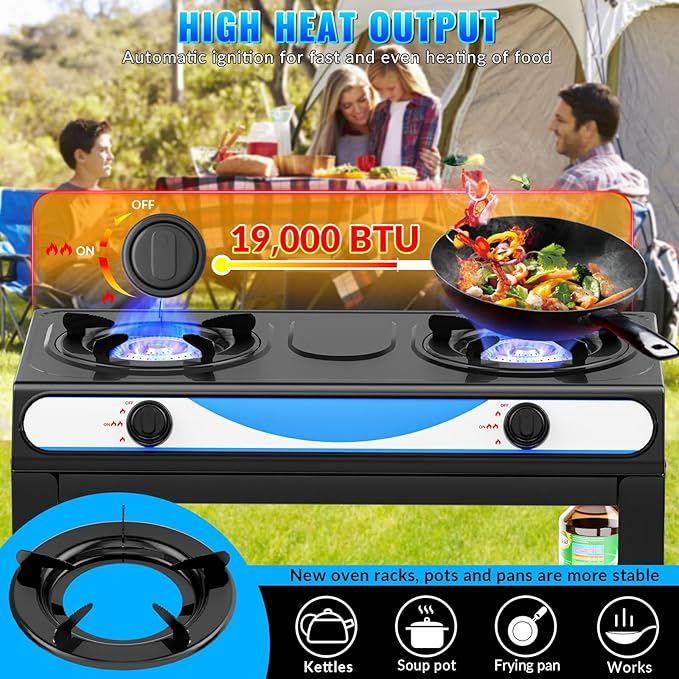 2 Burner Propane Gas Stove,19000BTU Portable Gas Stove with Support Leg Stand and Adapter Auto Ignition Camping Stove,propane burner for RV, Apartment, Outdoor Cooking