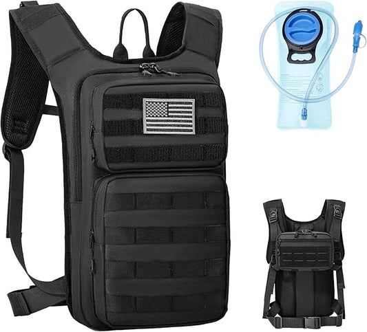 Tactical Hydration Backpack with 2L Water Bladder and Front Small Tactical Pouch, Outdoor Water Backpack for Men Women, Sports Hydration Pack for Hiking, Cycling, Climbing